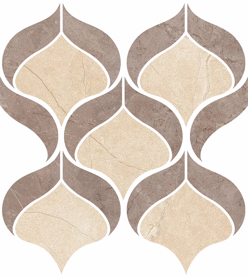 Beige and brown tile pattern with curved shapes forming a symmetrical mosaic design.