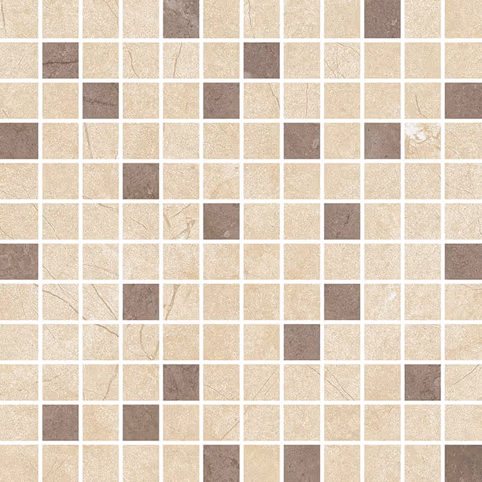 Grid of beige and brown stone mosaic tiles with subtle vein patterns.