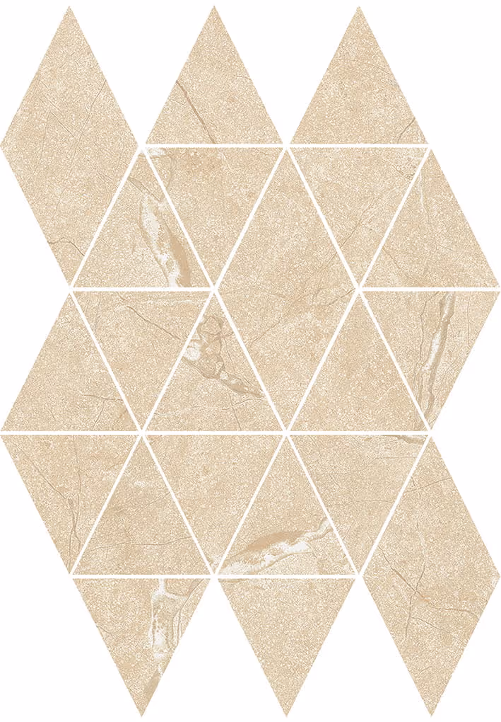 Beige mosaic tile pattern with triangular and diamond shapes and subtle marble texture.