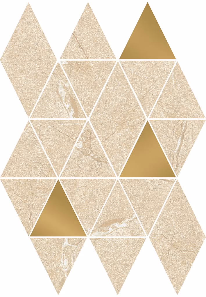 Geometric pattern of beige marble and gold triangles forming a mosaic shape on white background.