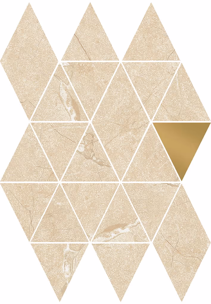 Geometric mosaic of beige marble triangles with one gold triangle on the right side.