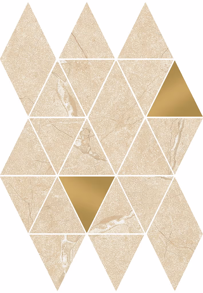 Geometric pattern of beige stone textured and two gold metallic triangles arranged in mosaic style.