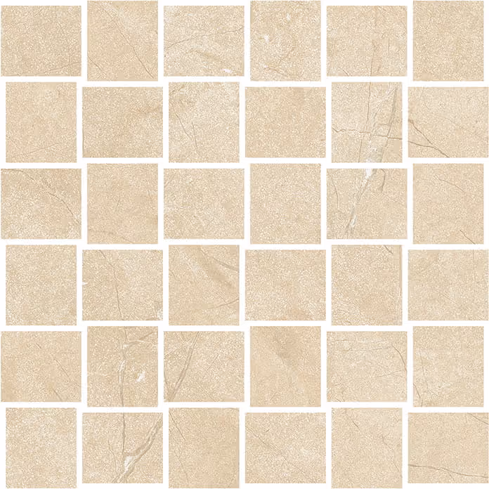 Grid of beige square mosaic tiles with subtle stone texture and light veining.