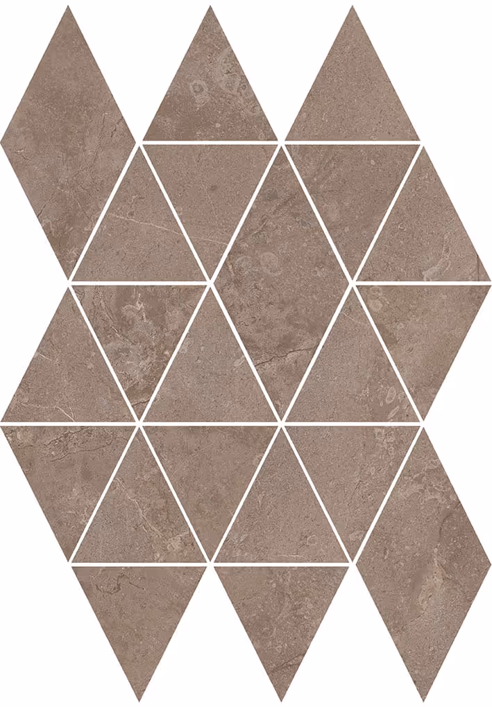 Geometric mosaic tile pattern with brown, trapezoidal, and triangular stone pieces arranged in a hexagonal shape.