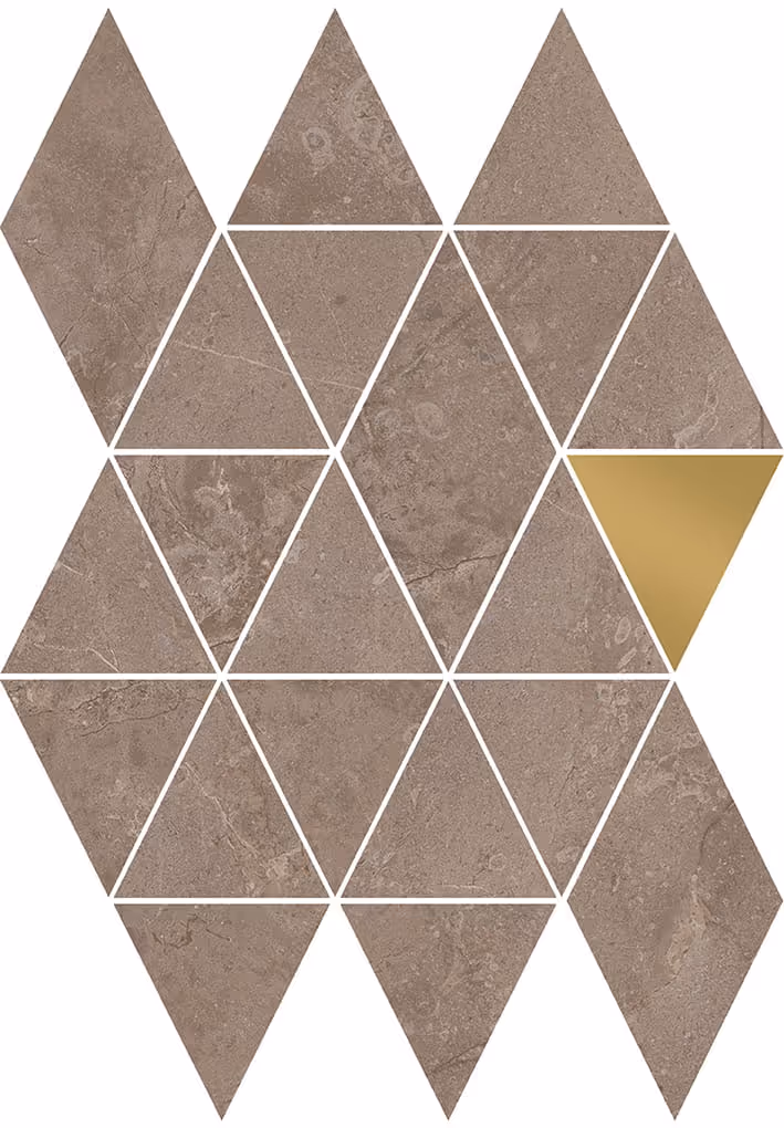 Geometric mosaic of brown and one gold triangle tiles arranged in a hexagonal pattern.
