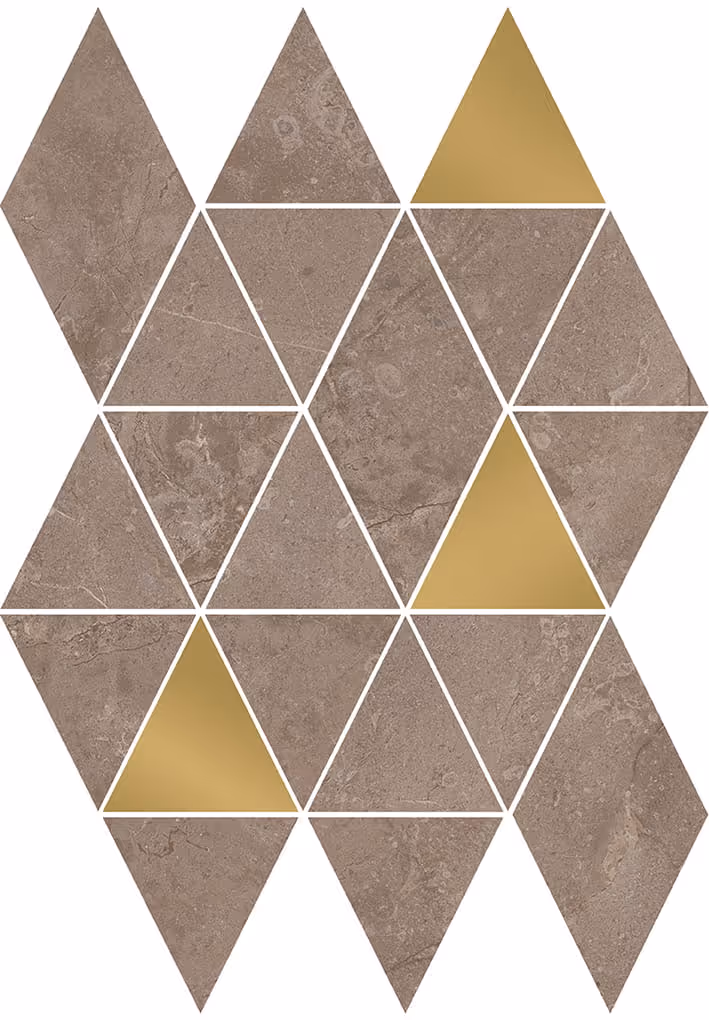 Geometric mosaic of brown stone and gold triangular and diamond tiles arranged in a hexagonal pattern.