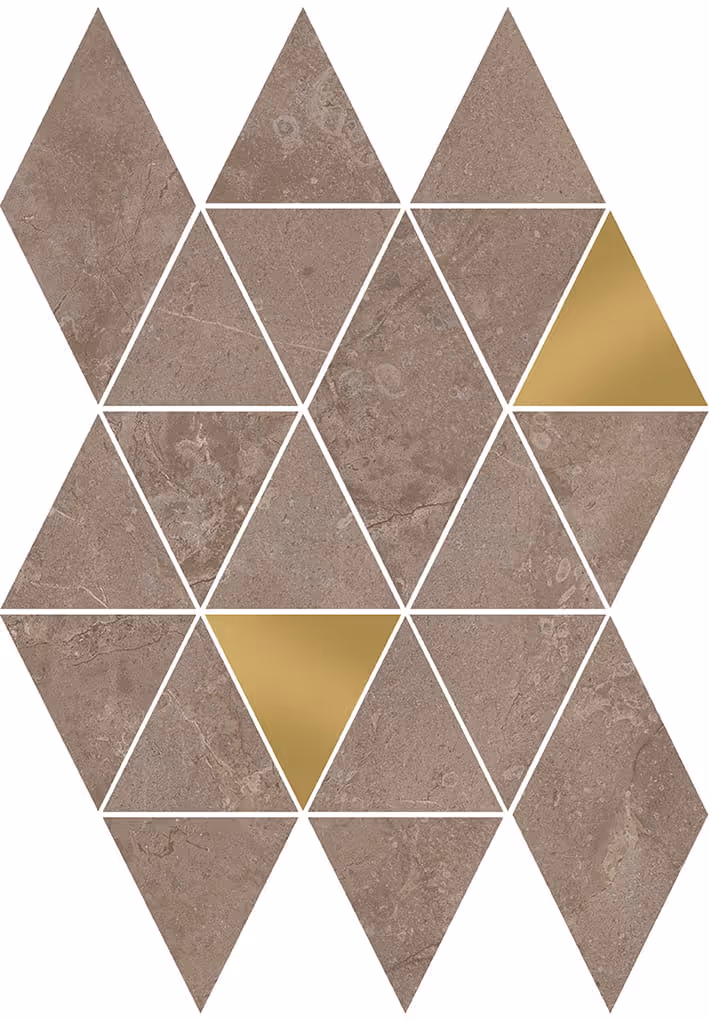 Brown and gold triangular and diamond-shaped mosaic tiles arranged in a geometric pattern.