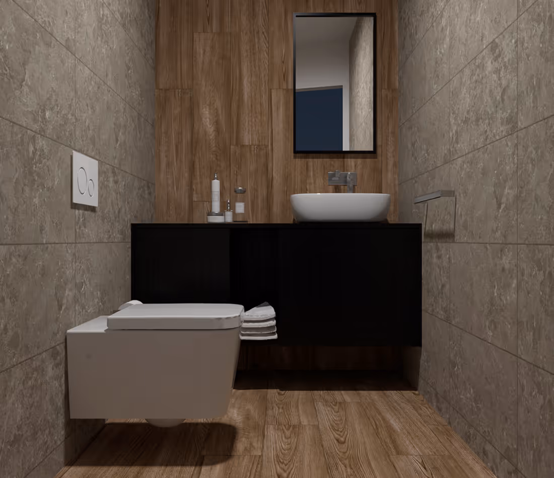 Modern bathroom with wall-mounted toilet, black vanity, round sink, rectangular mirror, wood and stone tile walls.