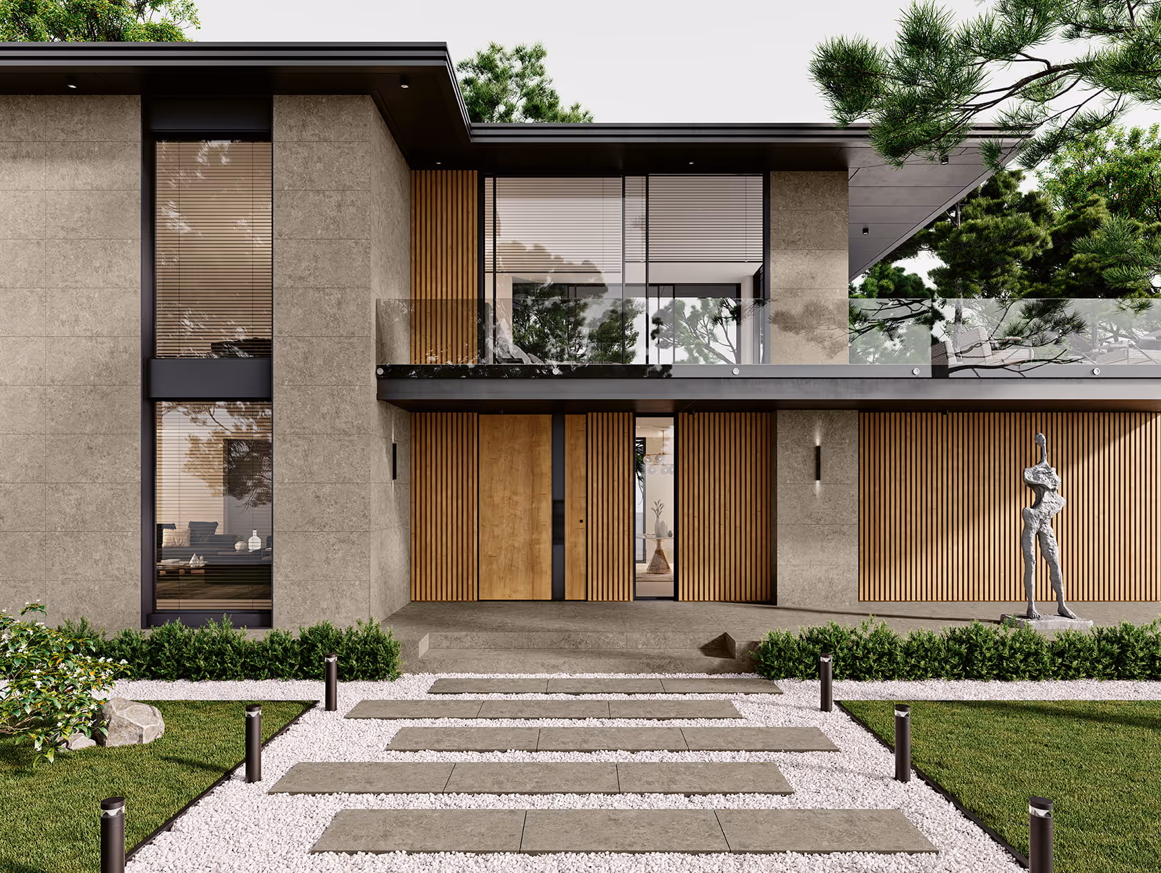 Modern two-story house with large windows, wood paneling, stone facade, lawn, and a sculpture in front.