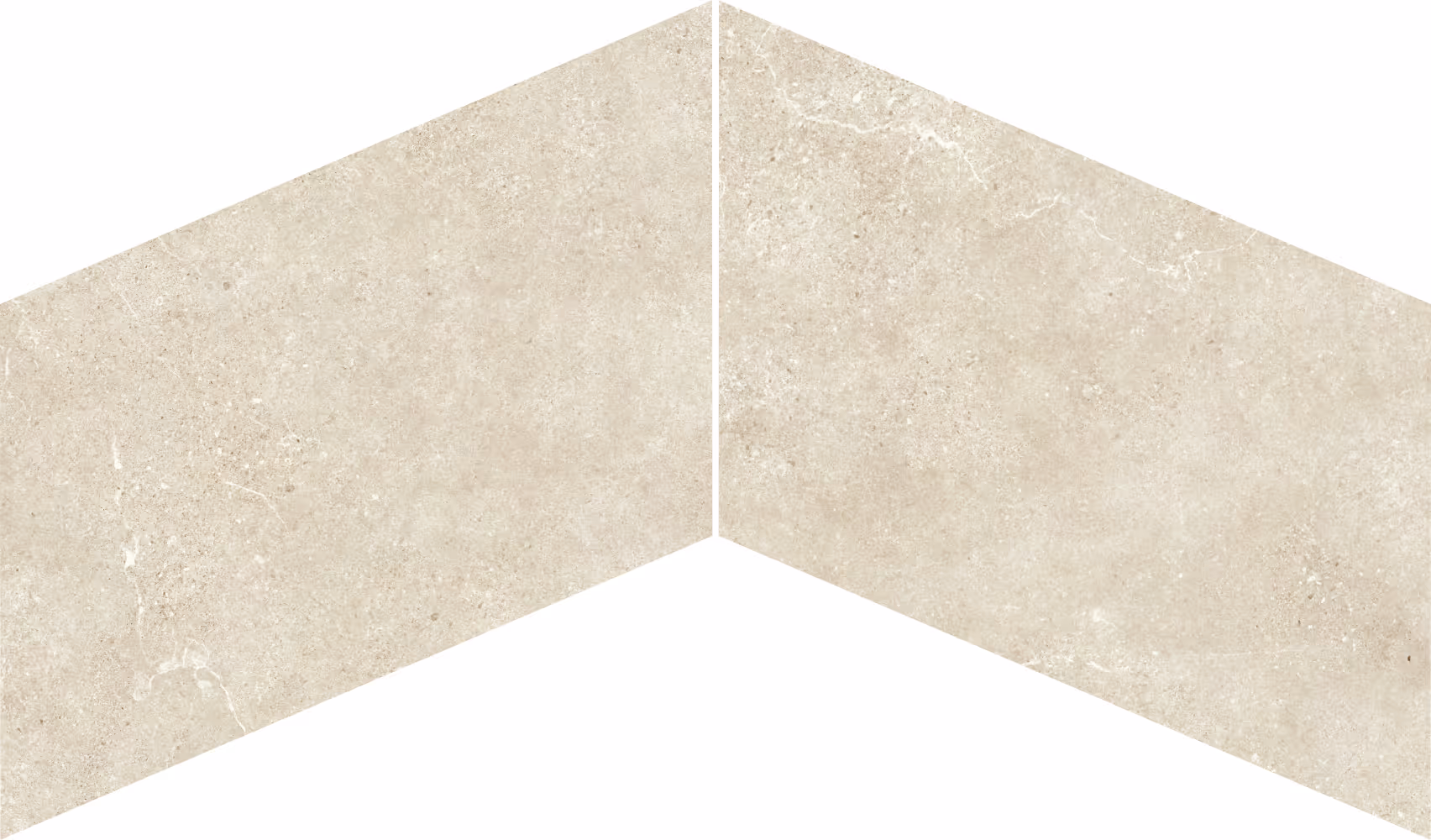 Two beige stone tiles arranged in a chevron pattern with subtle texture and speckles.