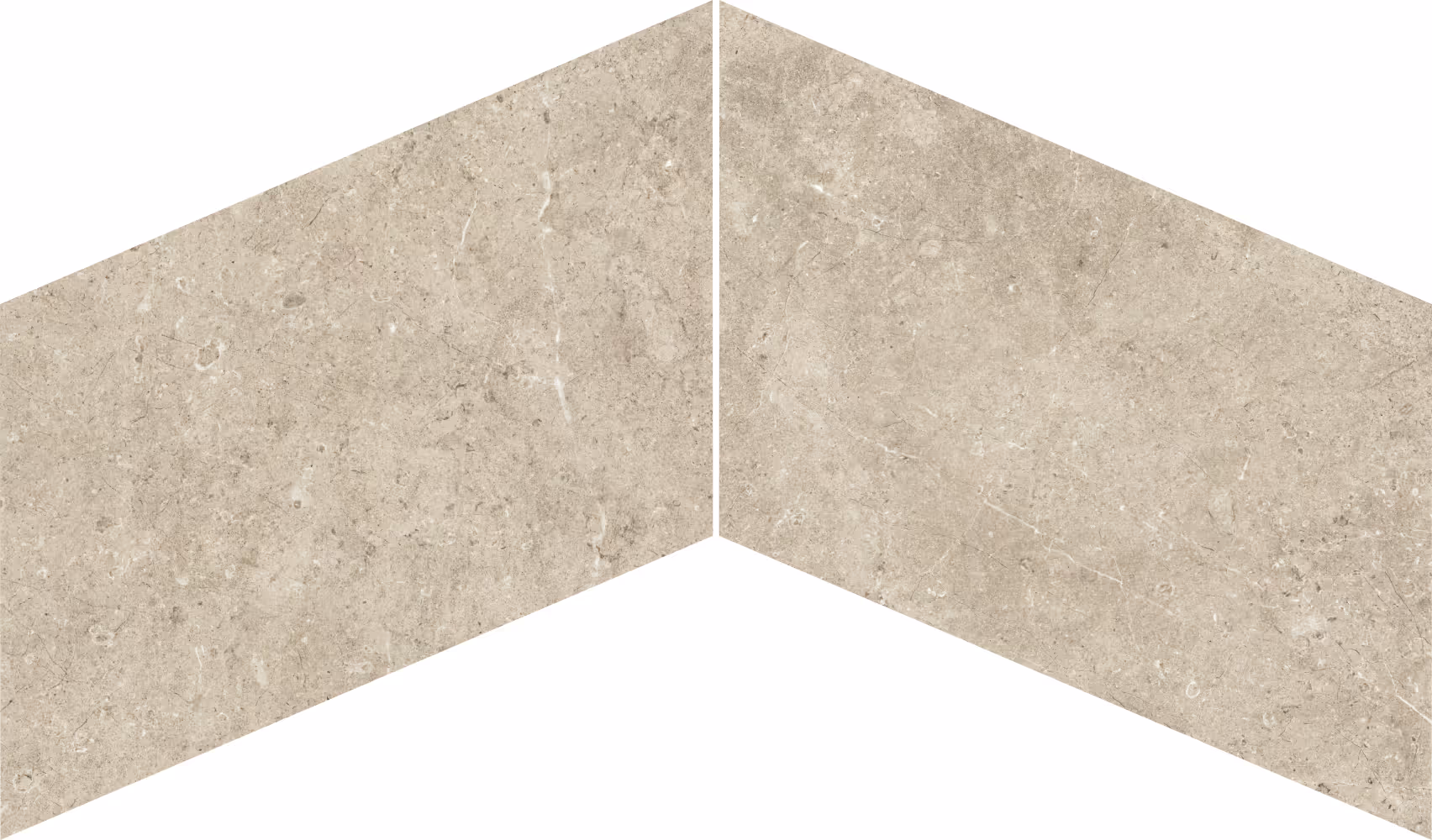 Two light grey stone tiles arranged in a chevron pattern with natural texture and subtle veining.