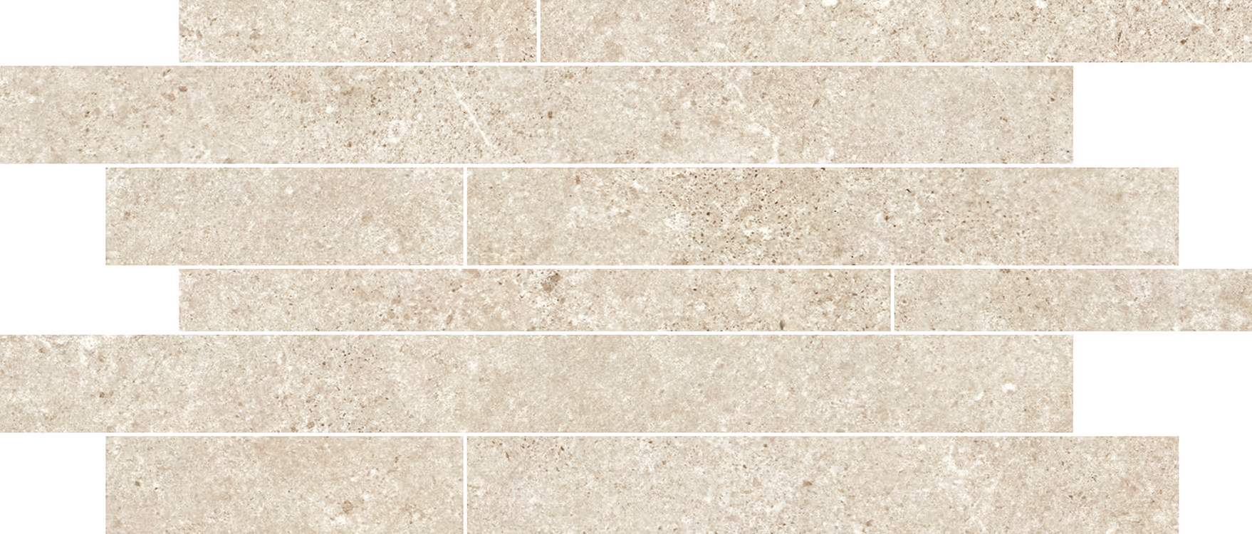 Pattern of beige stone bricks arranged in staggered horizontal rows on white background.