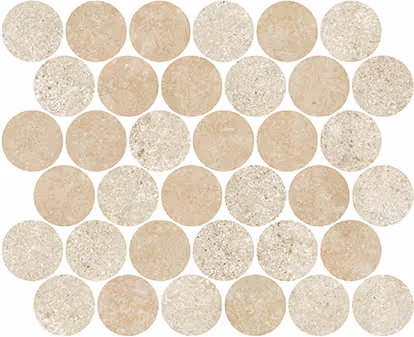 Beige and cream mosaic circle tiles with varied stone textures arranged in a grid pattern.
