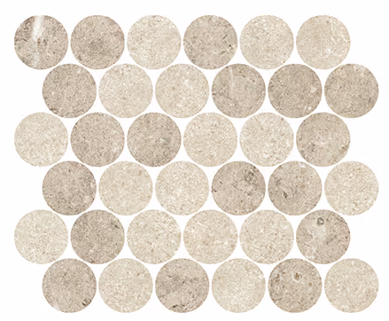 Light grey circular stone mosaic tiles arranged in a grid pattern with varied textures.
