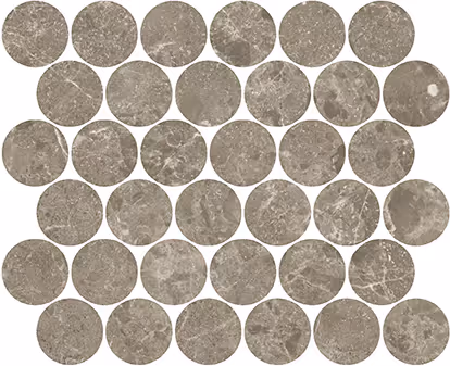 Circular grey stone mosaic tiles with natural veining arranged in a grid pattern.