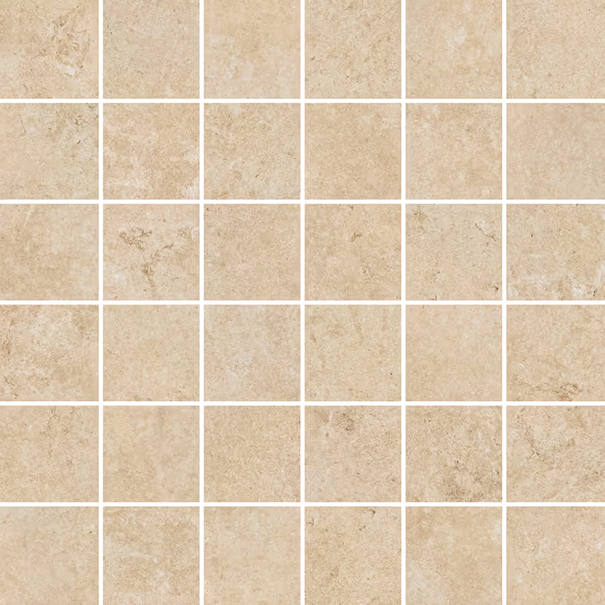 Grid of beige stone mosaic tiles with natural subtle texture and color variation.