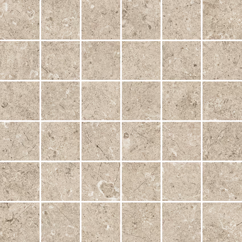 Light grey stone mosaic tiles with natural texture and subtle veining, arranged in a grid pattern.