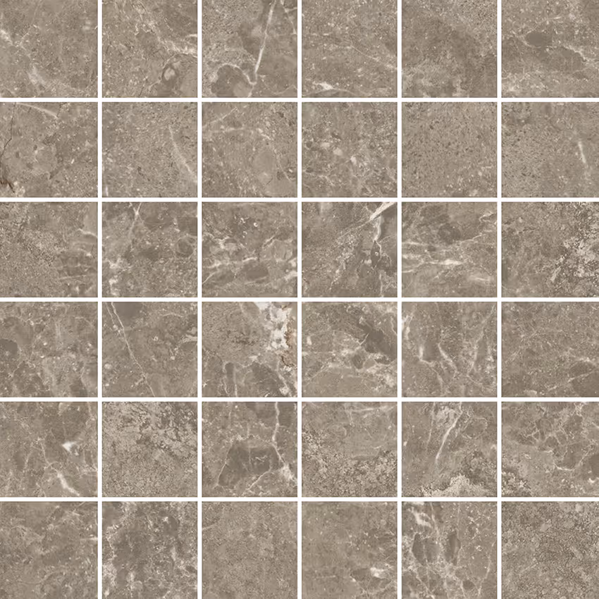 Grid of brown and grey stone mosaic tiles with natural marble-like veining and texture.