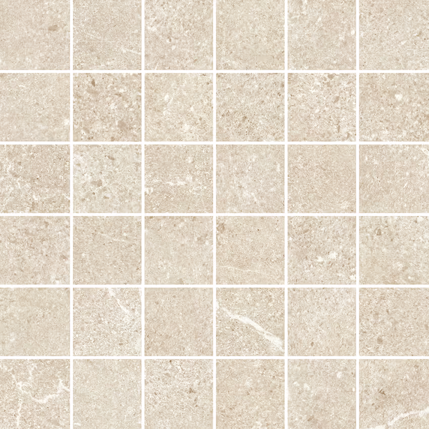 Mosaic tile pattern of square beige and light gray stone tiles with subtle natural texture.