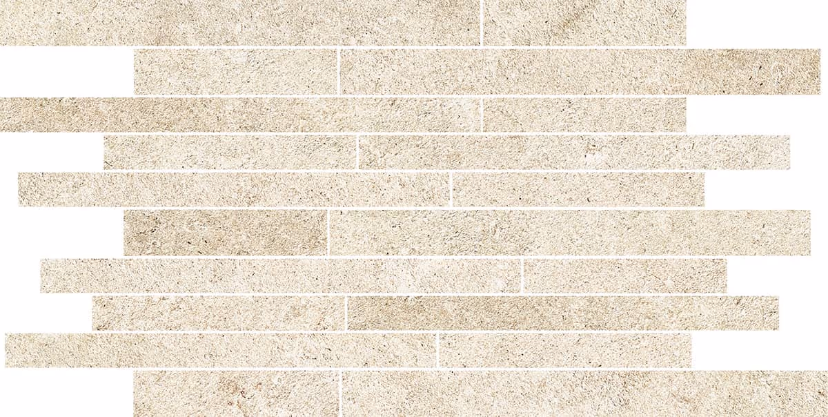 Light beige textured sandstone tiles arranged in staggered horizontal rows.