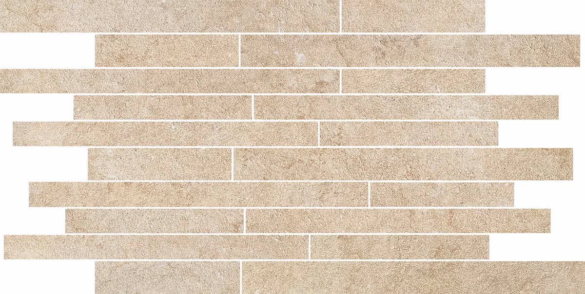 Beige textured brick tiles arranged in staggered horizontal rows with varied lengths.