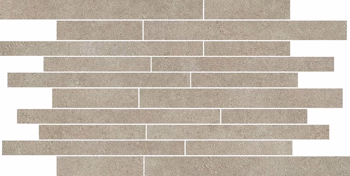 Pattern of beige rectangular concrete tiles arranged in staggered rows with gaps on a white background.