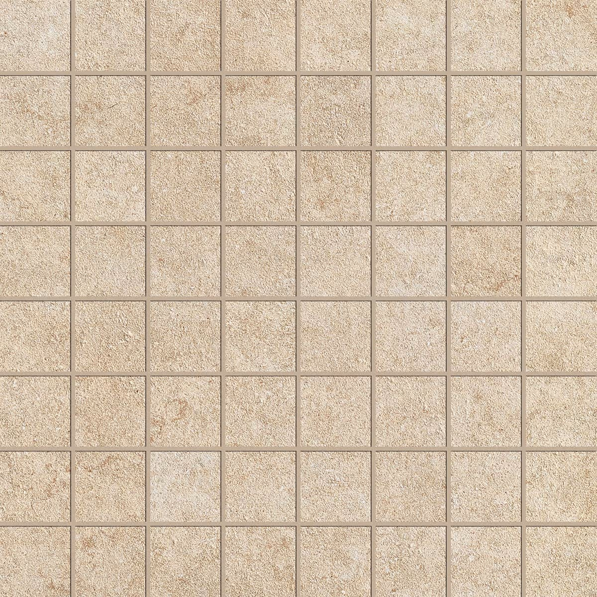 Square beige mosaic tiles with a textured stone surface arranged in a grid pattern.