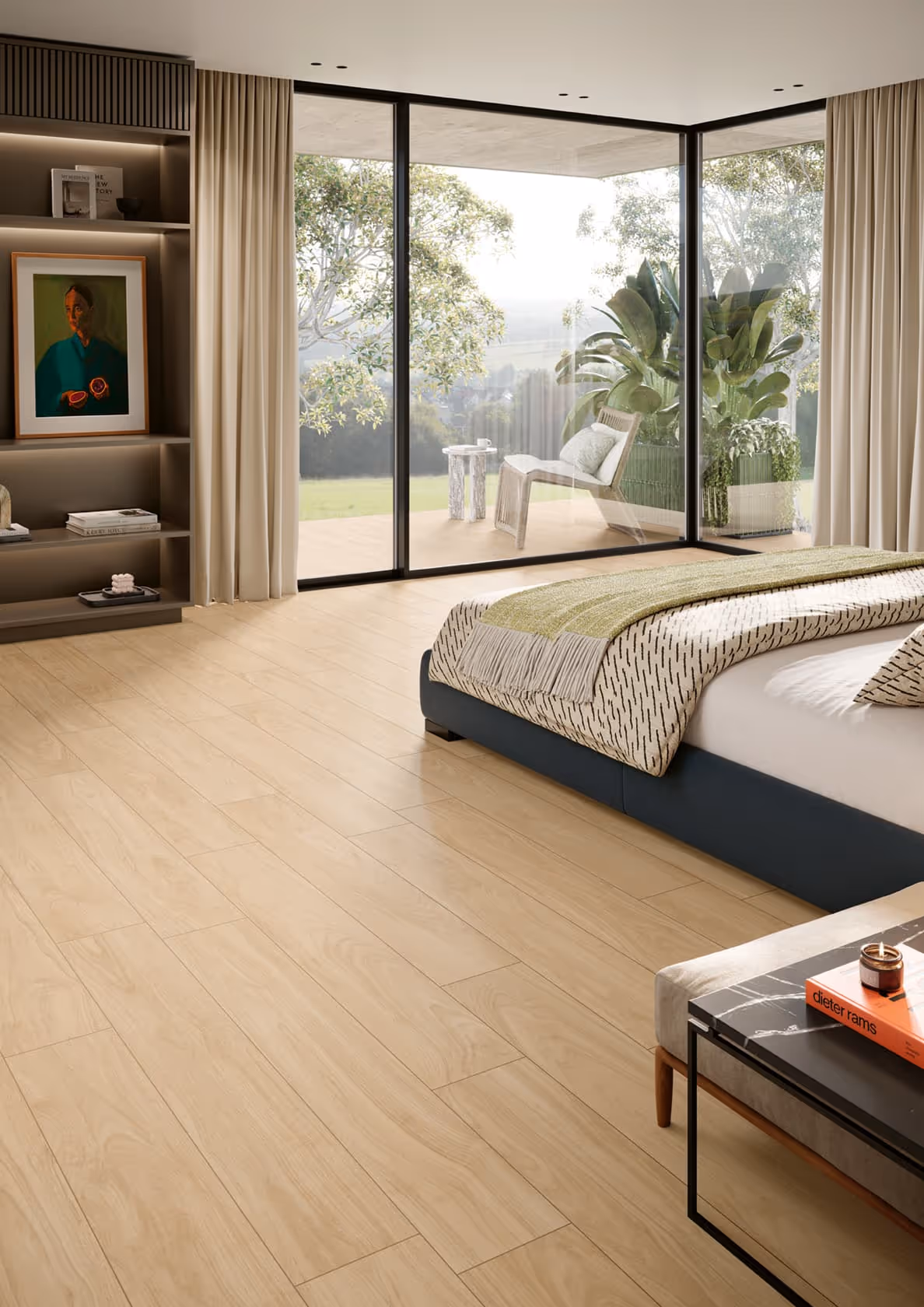 Modern bedroom with large floor-to-ceiling glass windows, wooden floor, bed, and outdoor view.
