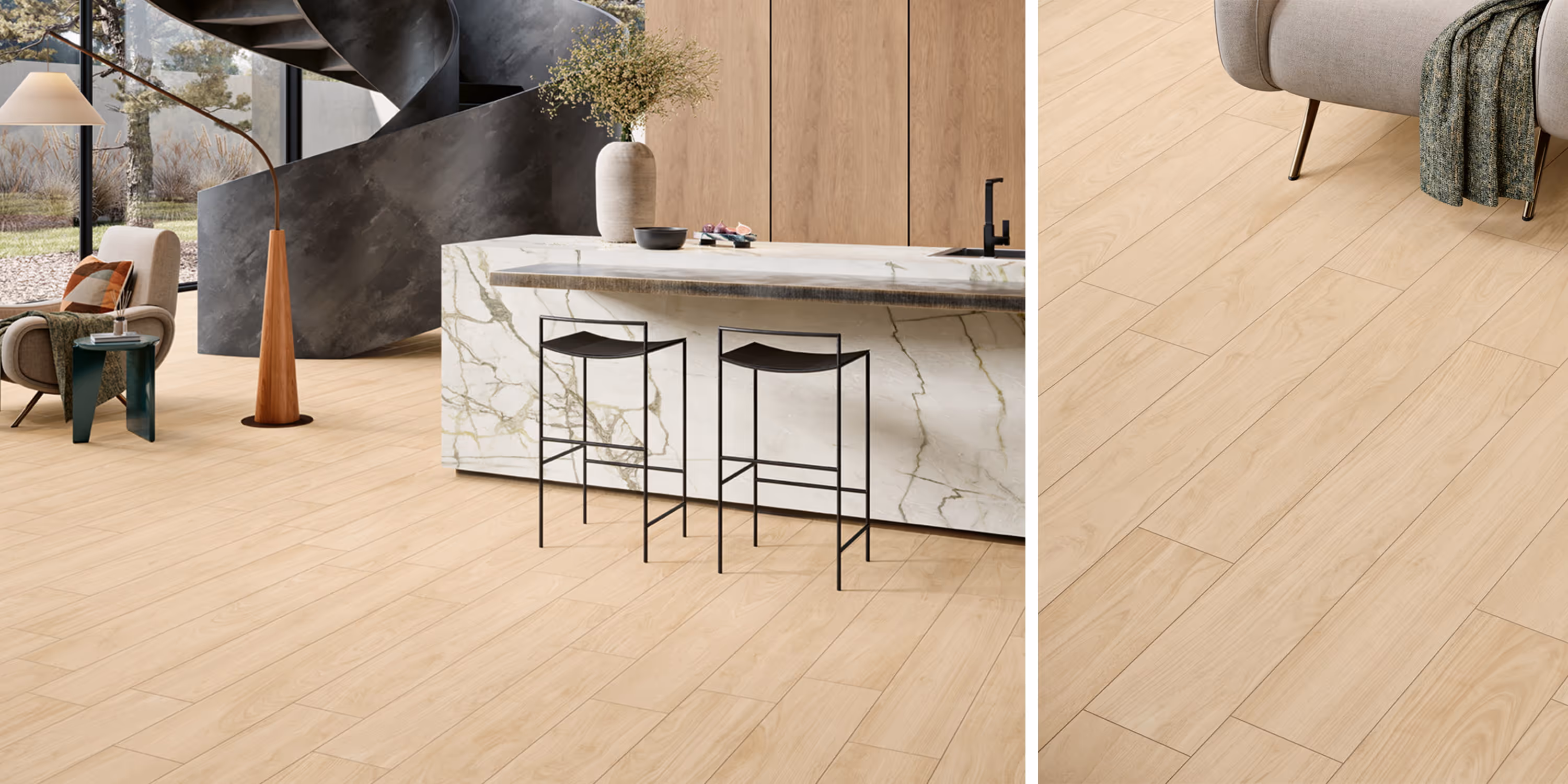 Modern kitchen with light wood flooring, marble island, black bar stools, spiral staircase, and cozy seating.