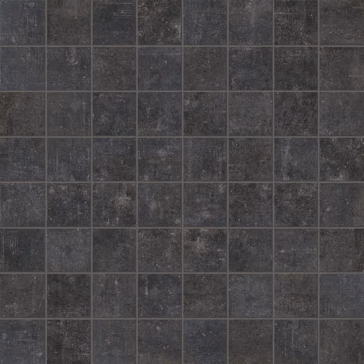 Grid of dark gray square mosaic tiles with textured stone patterns.