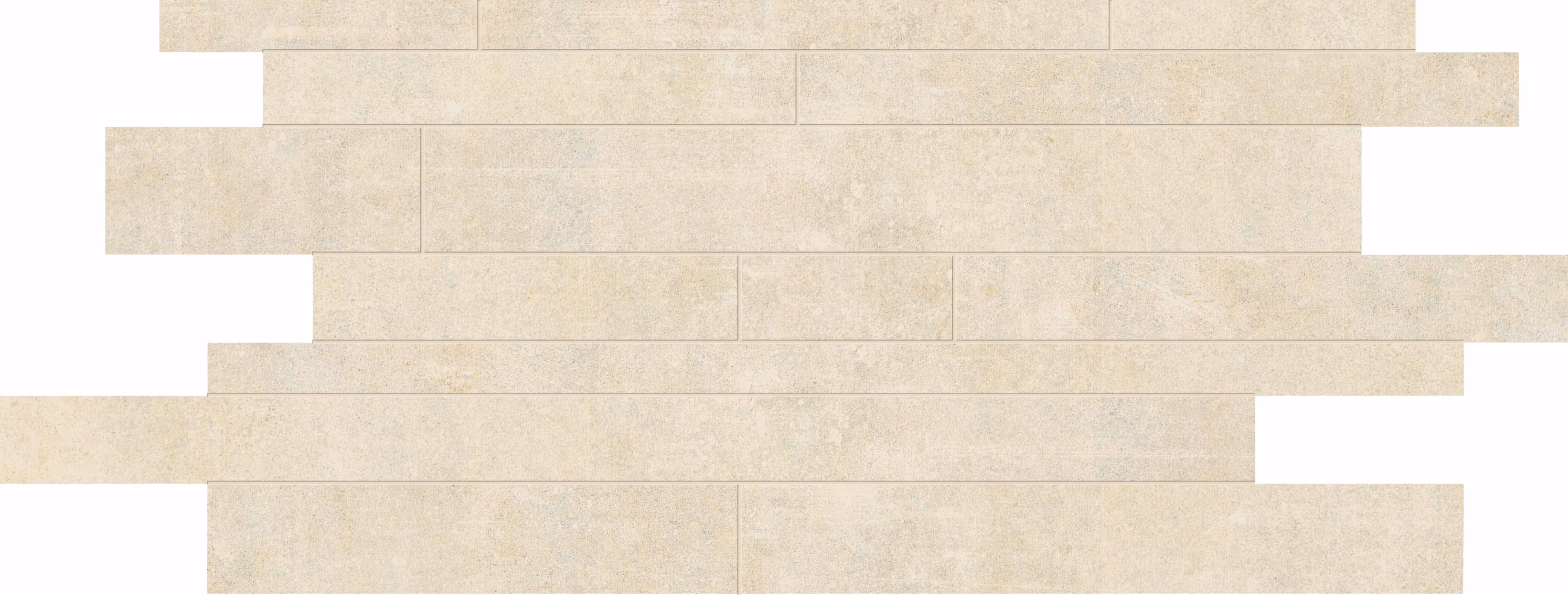 Pattern of beige rectangular wall tiles arranged in a staggered brick layout on white background.