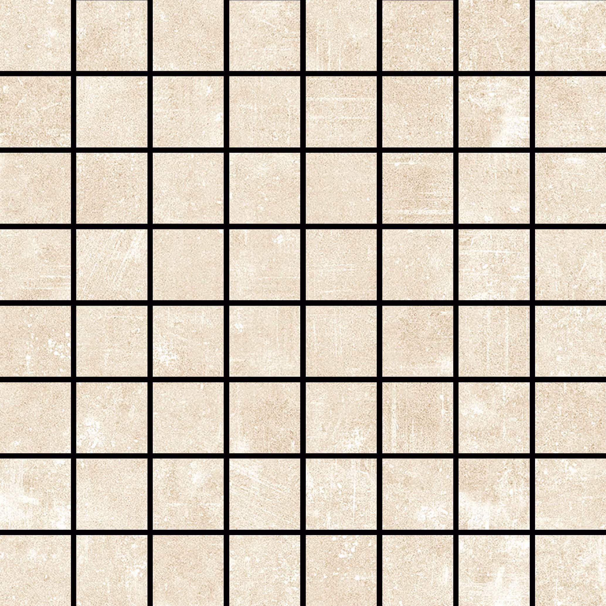 Square beige tiles with a subtle textured pattern separated by black grout lines.