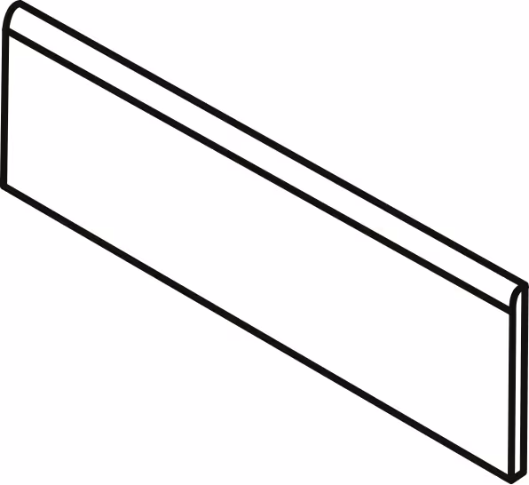 Isometric line drawing of a rectangular skirting board with rounded edges.