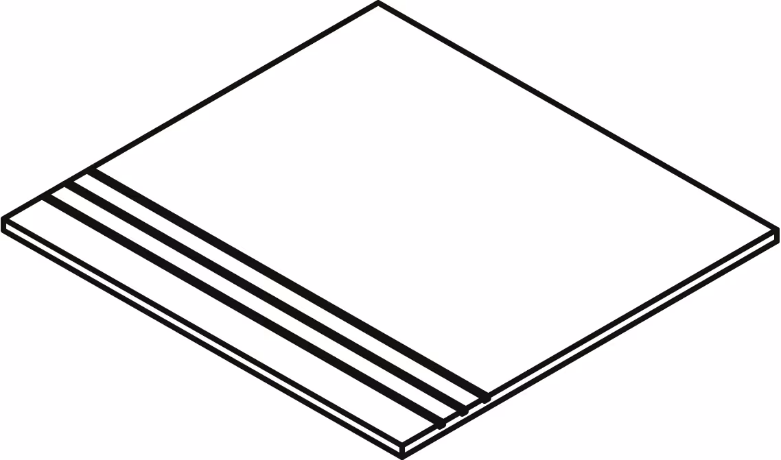 Rectangular tile with three parallel grooved lines on one edge for anti-slip stair tread.