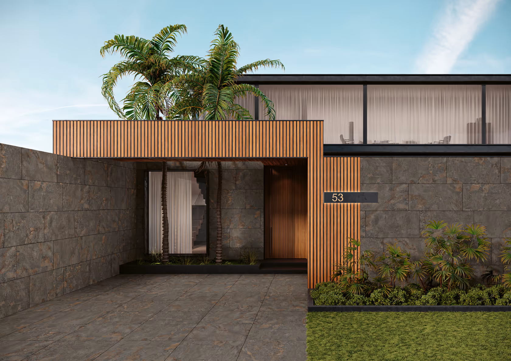 Modern house entrance with wood paneling, stone walls, large windows, palm trees, and a garden.