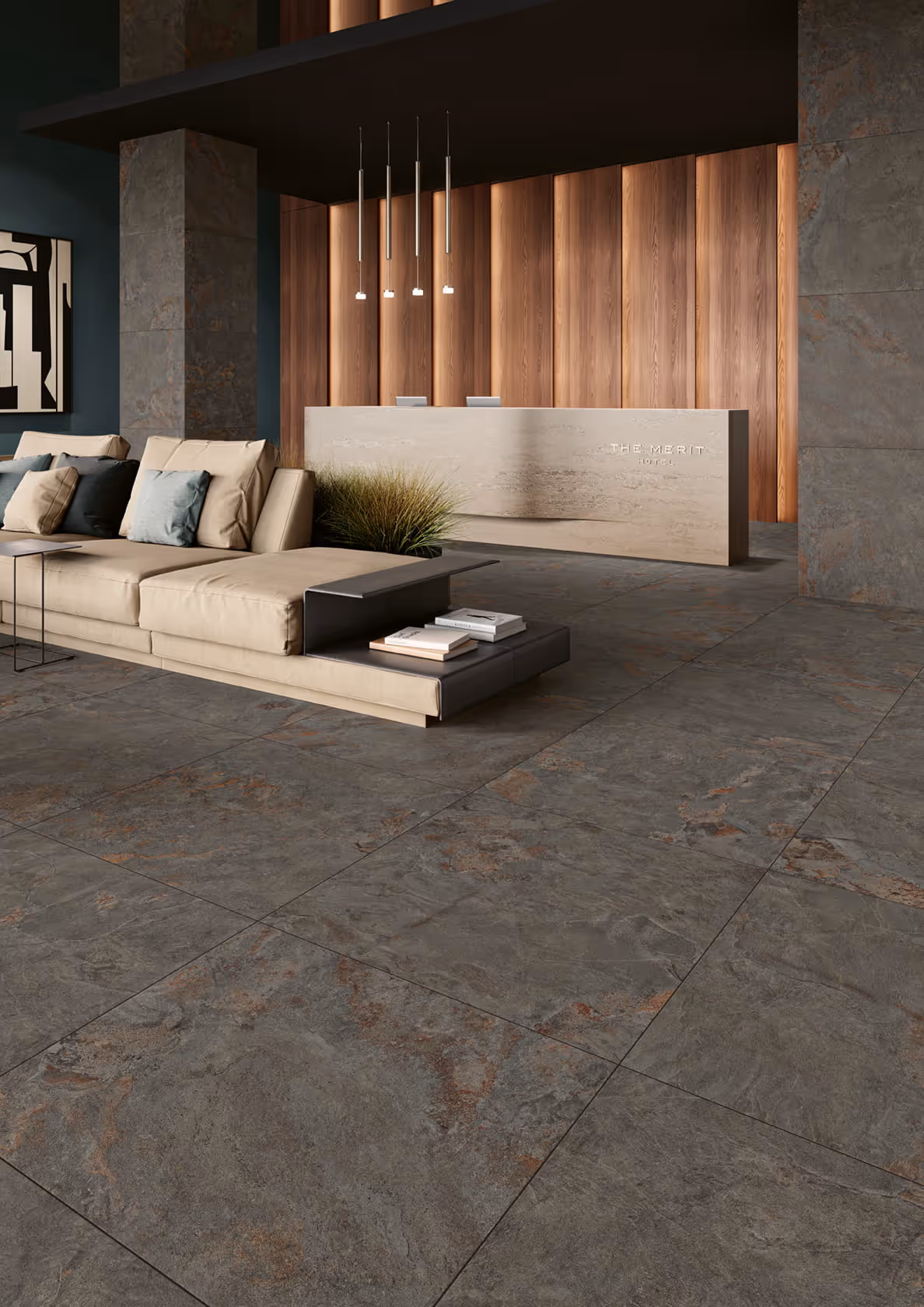 Modern hotel lobby with a beige sofa, wooden wall panels, stone floor, and reception desk.