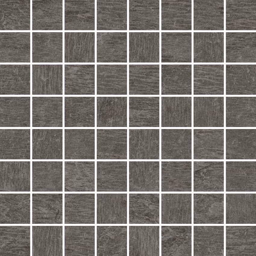 Grid of dark gray textured square tiles separated by white grout lines.