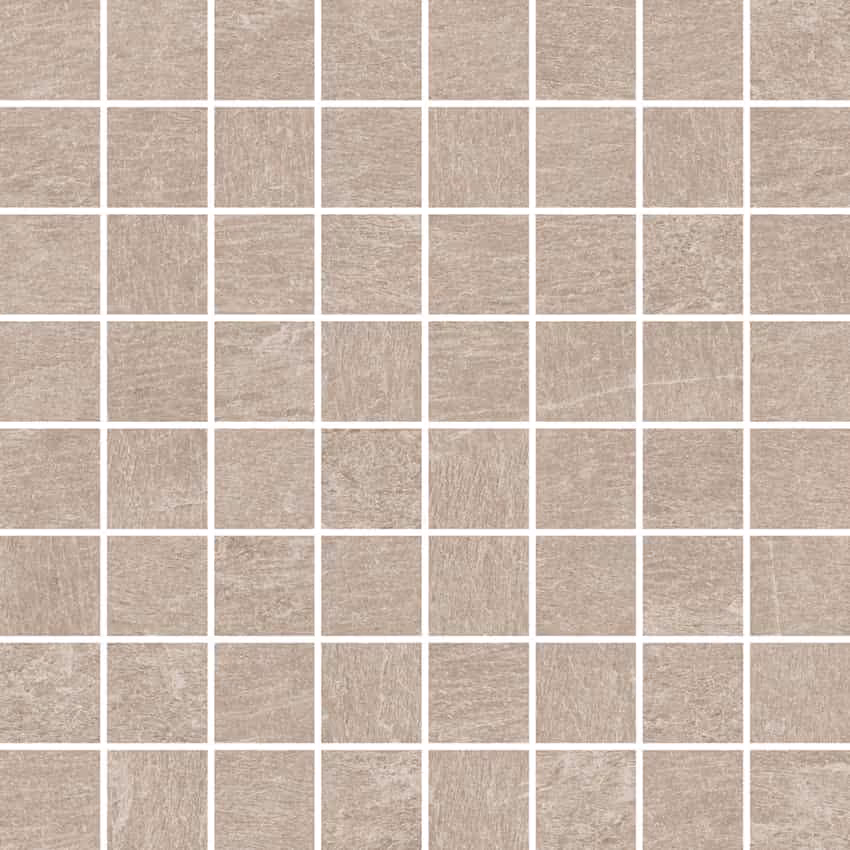 Grid of beige-gray mosaic tiles with a textured stone pattern separated by white grout lines.