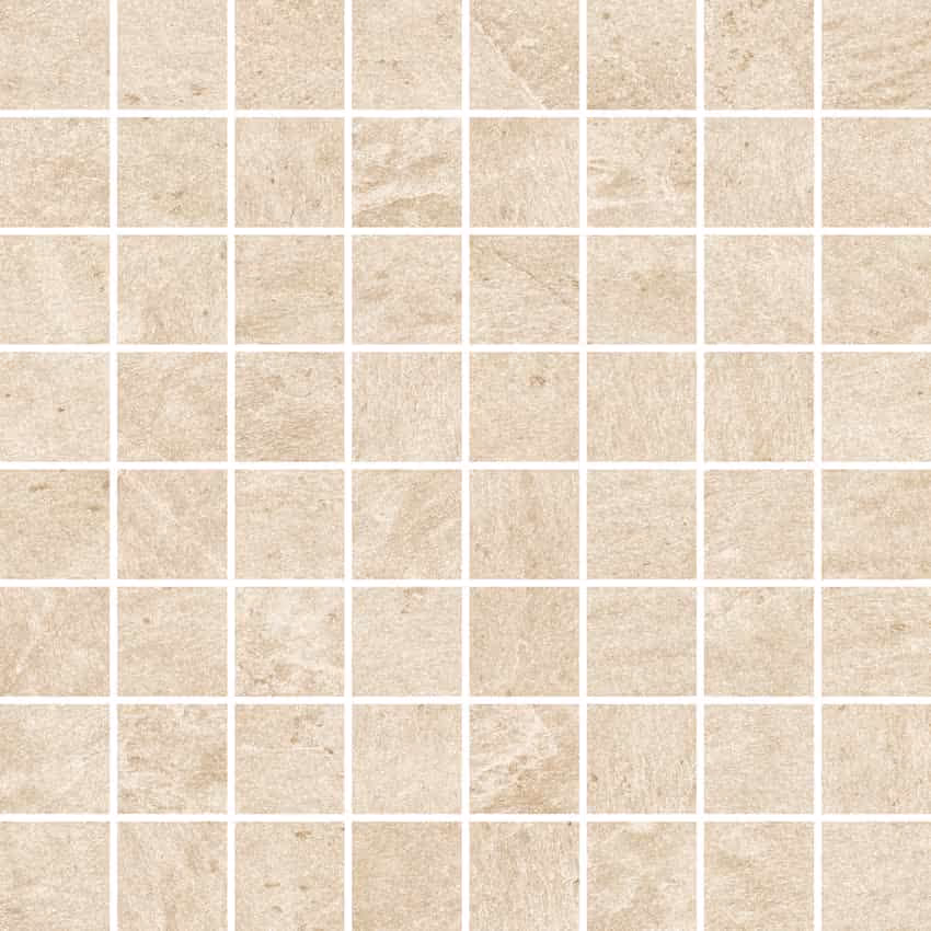 Grid of beige square tiles with textured stone-like surfaces separated by white grout lines.
