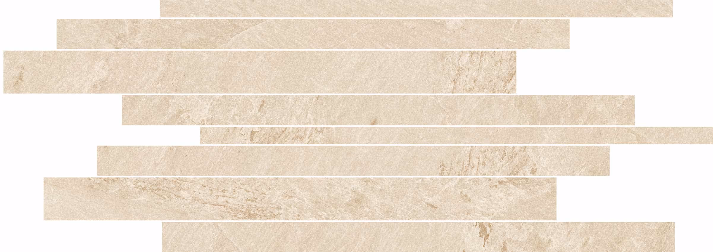 Beige rectangular stone tiles arranged in staggered horizontal rows on white background.