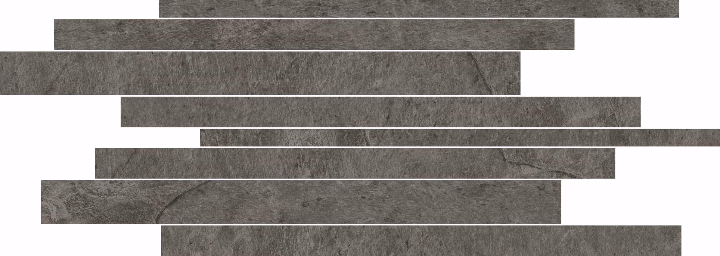 Dark gray textured stone tile strips arranged in a staggered pattern on a white background.
