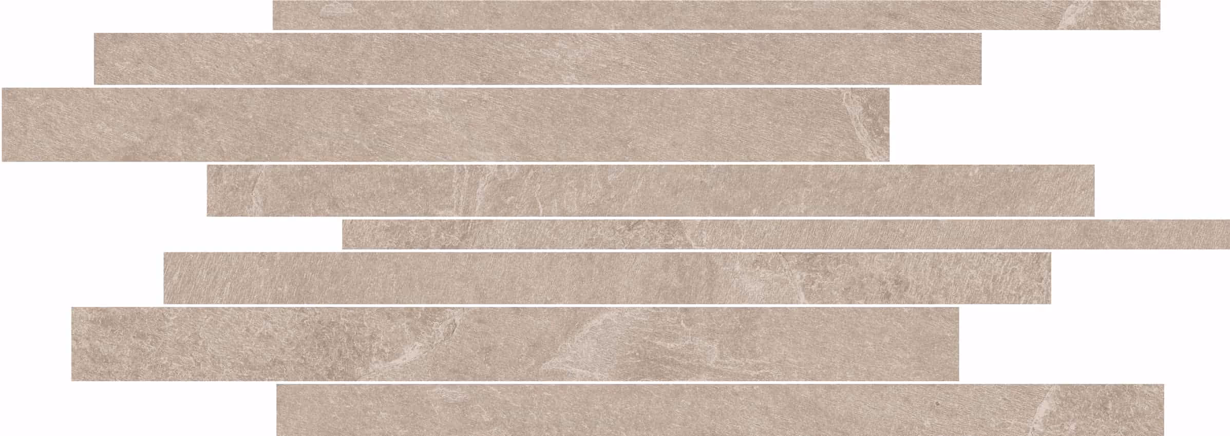 Horizontal light grey stone tiles with varied lengths arranged in a staggered pattern on white background.