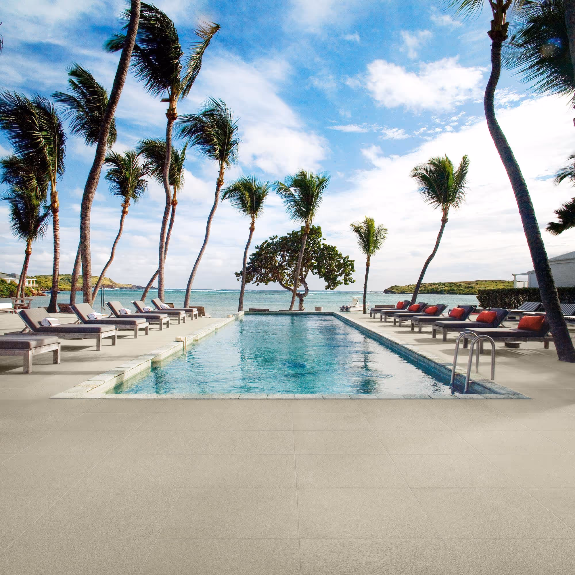 Outdoor pool with lounge chairs and palm trees overlooking a calm ocean under a partly cloudy sky.