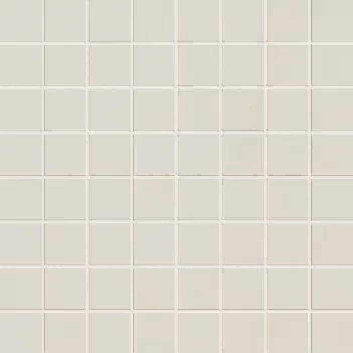 Grid of off-white square ceramic tiles with thin grout lines in between each tile.