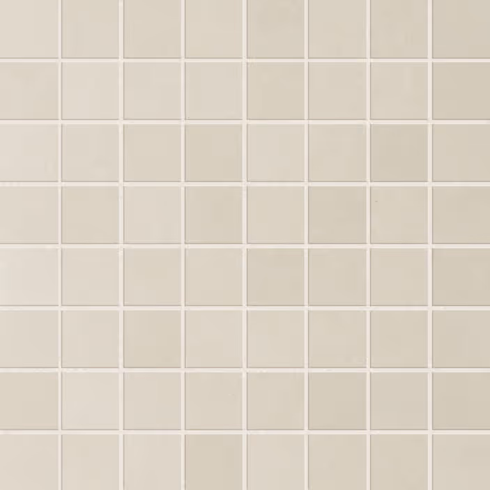 Grid of beige square ceramic tiles with thin white grout lines.