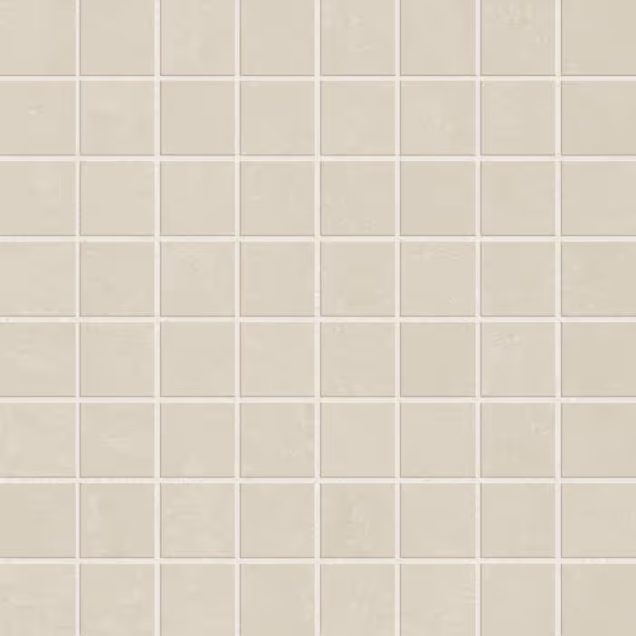 Grid of small beige square tiles with light grout lines.