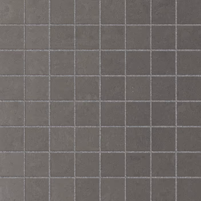 Square gray mosaic tiles with visible grout lines, arranged in a grid pattern.