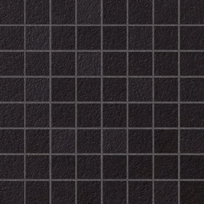 Black textured square tiles arranged in a grid pattern with dark grout lines.