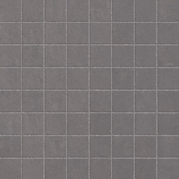 Grid of uniform gray square tiles with slight texture and visible grout lines in between.