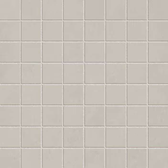Grid of glossy square ceramic tiles in a light silver-gray color with subtle texture.
